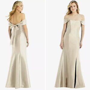 Size 8 - ALFRED SUNG Off-the-Shoulder Bow-Back Satin Trumpet Gown Cream NEW $242